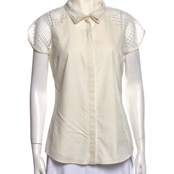 Lela Rose Off White Double Collar Silk Mesh Shoulders Button Up Top Sz 8 - Picture 1 of 16